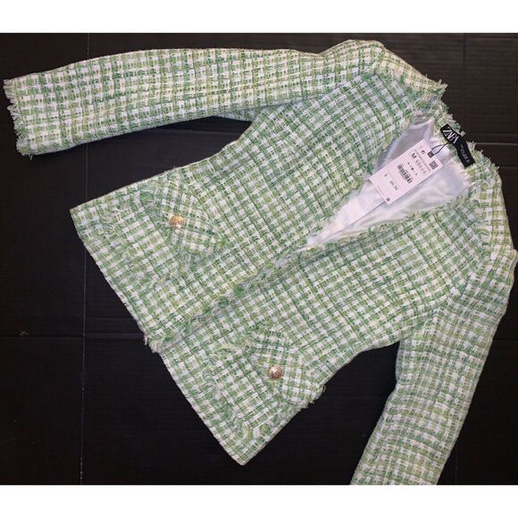 NWT Zara Tweed Jacket Blazer M GREEN WHITE fringed gold buttons plaid pockets - Picture 5 of 6